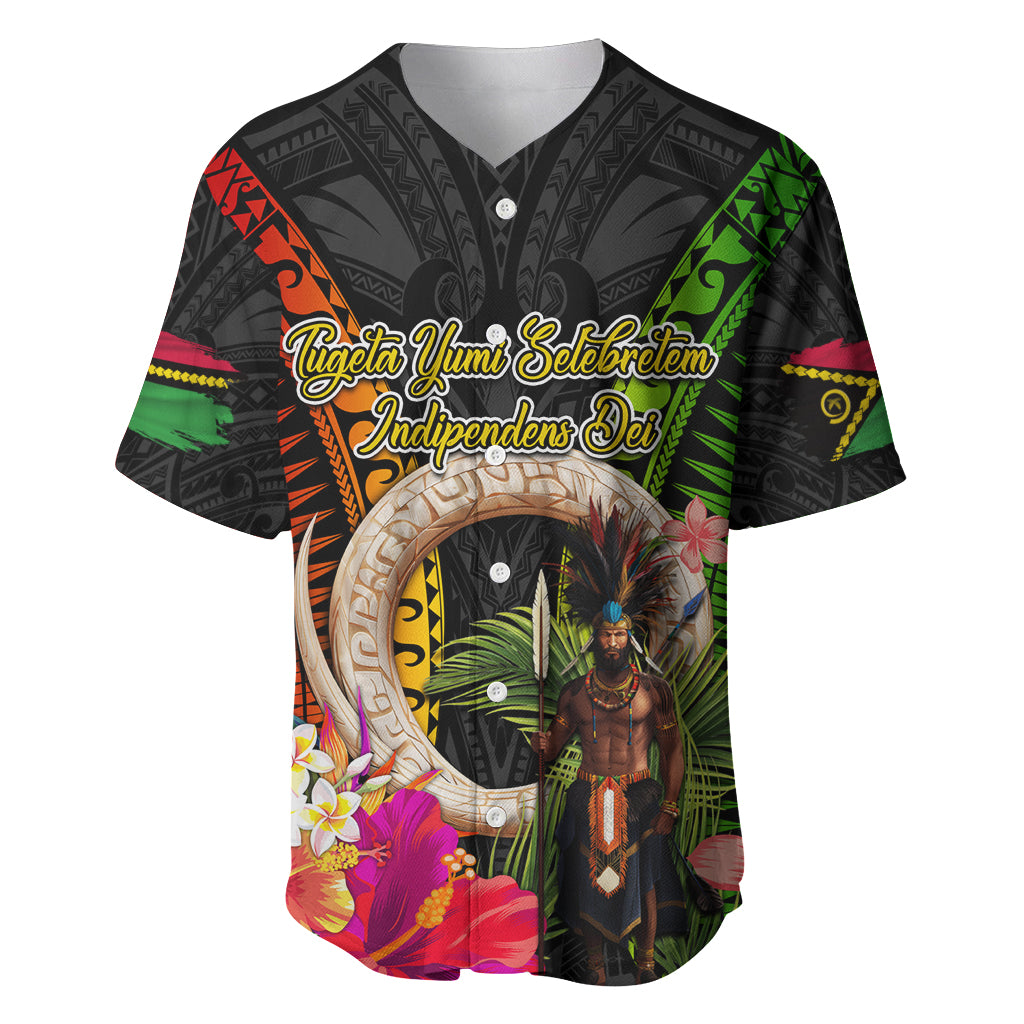 Vanuatu Independence Day Baseball Jersey Boars Tusk and Melanesian Warrior Indipendens Dei LT03 Black - Polynesian Pride