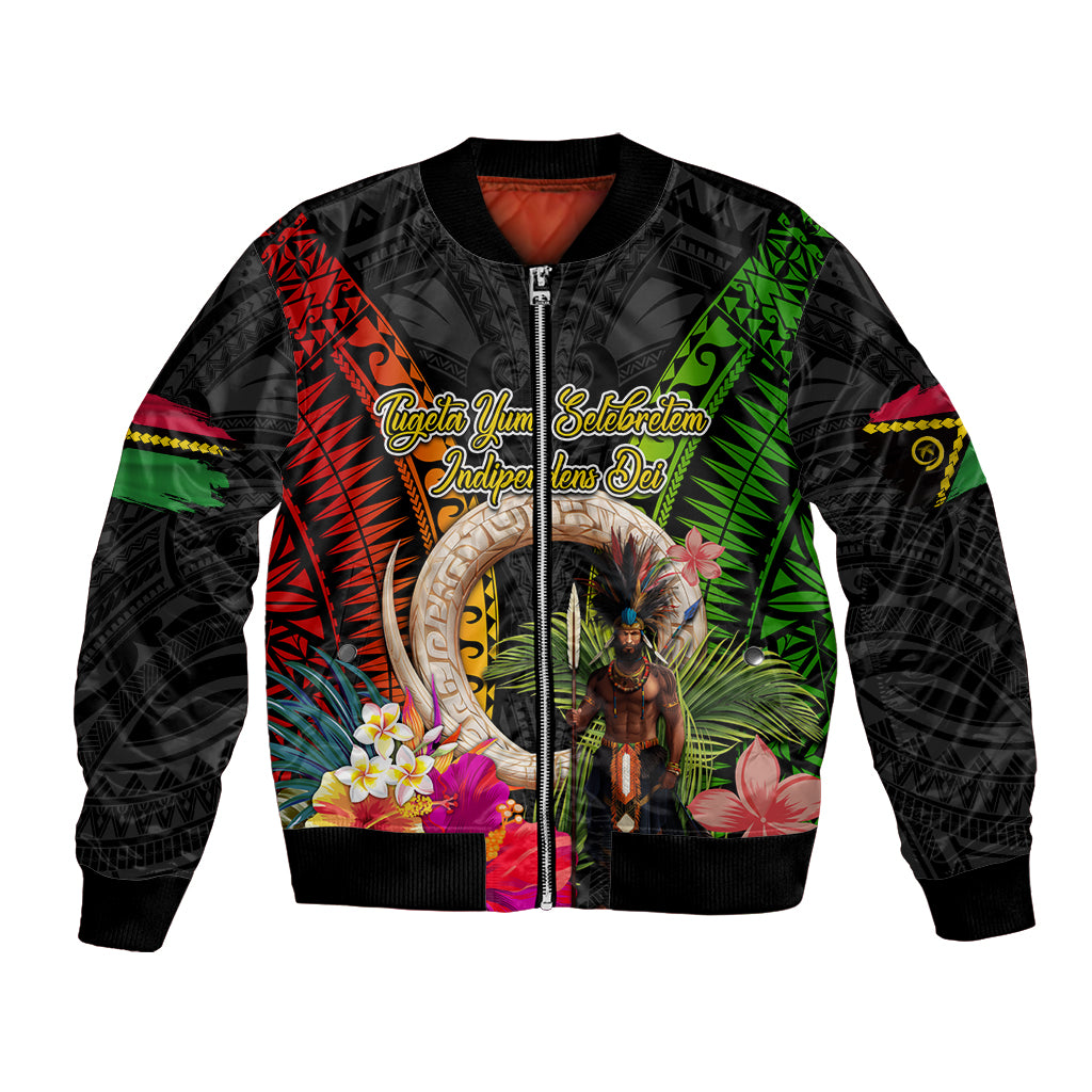 Vanuatu Independence Day Bomber Jacket Boars Tusk and Melanesian Warrior Indipendens Dei