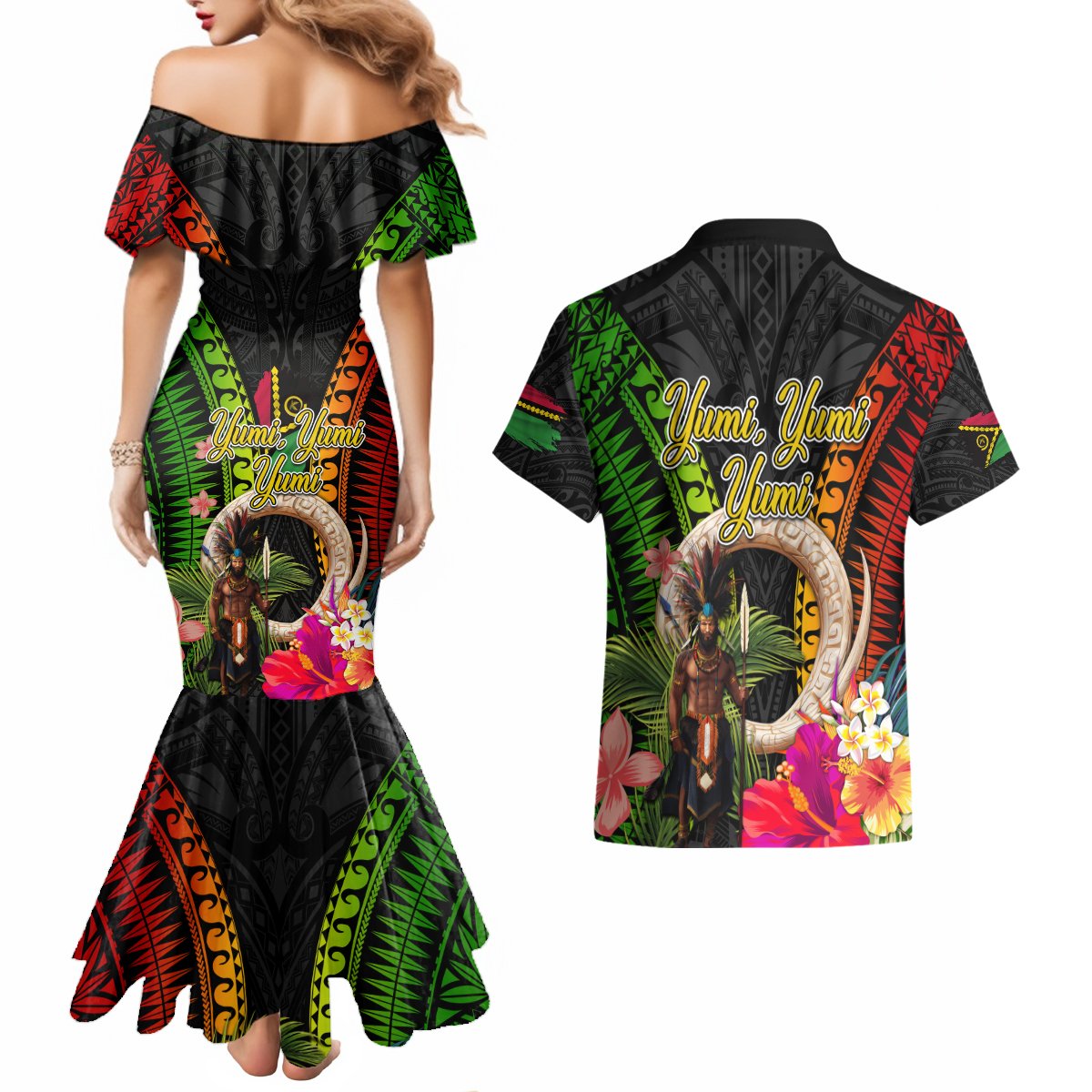 Vanuatu Independence Day Couples Matching Mermaid Dress and Hawaiian Shirt Boars Tusk and Melanesian Warrior Indipendens Dei