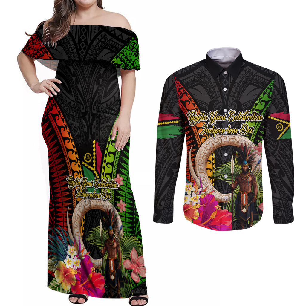 Vanuatu Independence Day Couples Matching Off Shoulder Maxi Dress and Long Sleeve Button Shirt Boars Tusk and Melanesian Warrior Indipendens Dei LT03 Black - Polynesian Pride