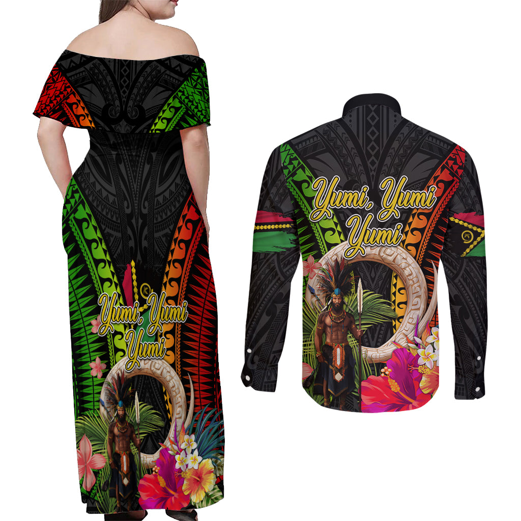 Vanuatu Independence Day Couples Matching Off Shoulder Maxi Dress and Long Sleeve Button Shirt Boars Tusk and Melanesian Warrior Indipendens Dei LT03 - Polynesian Pride