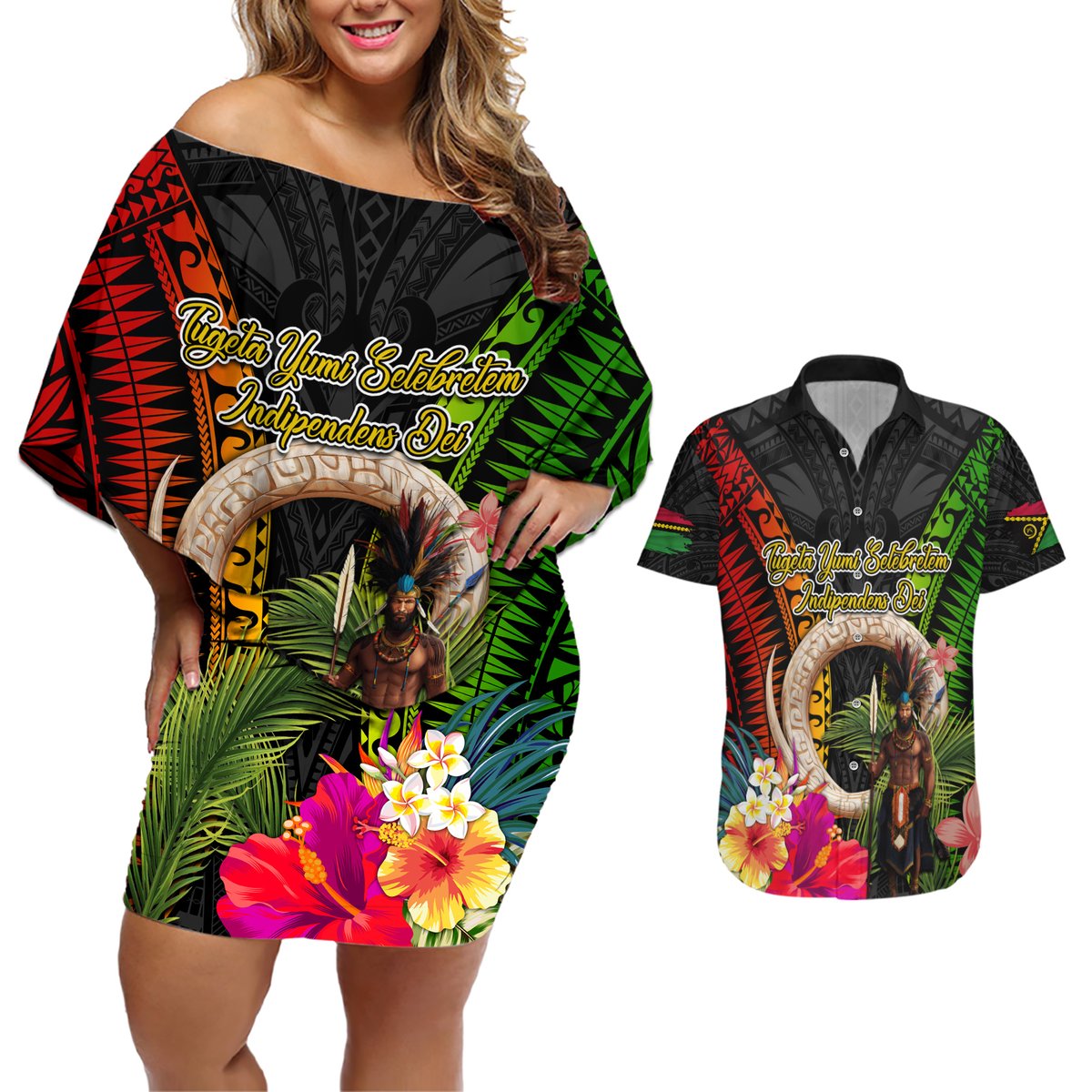 Vanuatu Independence Day Couples Matching Off Shoulder Short Dress and Hawaiian Shirt Boars Tusk and Melanesian Warrior Indipendens Dei LT03 Black - Polynesian Pride