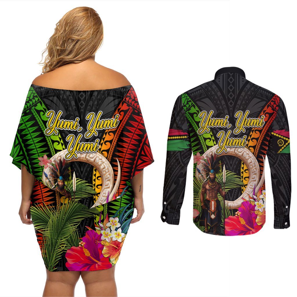 Vanuatu Independence Day Couples Matching Off Shoulder Short Dress and Long Sleeve Button Shirt Boars Tusk and Melanesian Warrior Indipendens Dei LT03 - Polynesian Pride