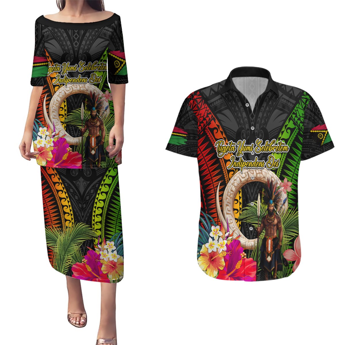 Vanuatu Independence Day Couples Matching Puletasi and Hawaiian Shirt Boars Tusk and Melanesian Warrior Indipendens Dei