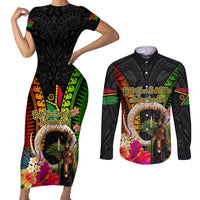 Vanuatu Independence Day Couples Matching Short Sleeve Bodycon Dress and Long Sleeve Button Shirt Boars Tusk and Melanesian Warrior Indipendens Dei LT03 Black - Polynesian Pride
