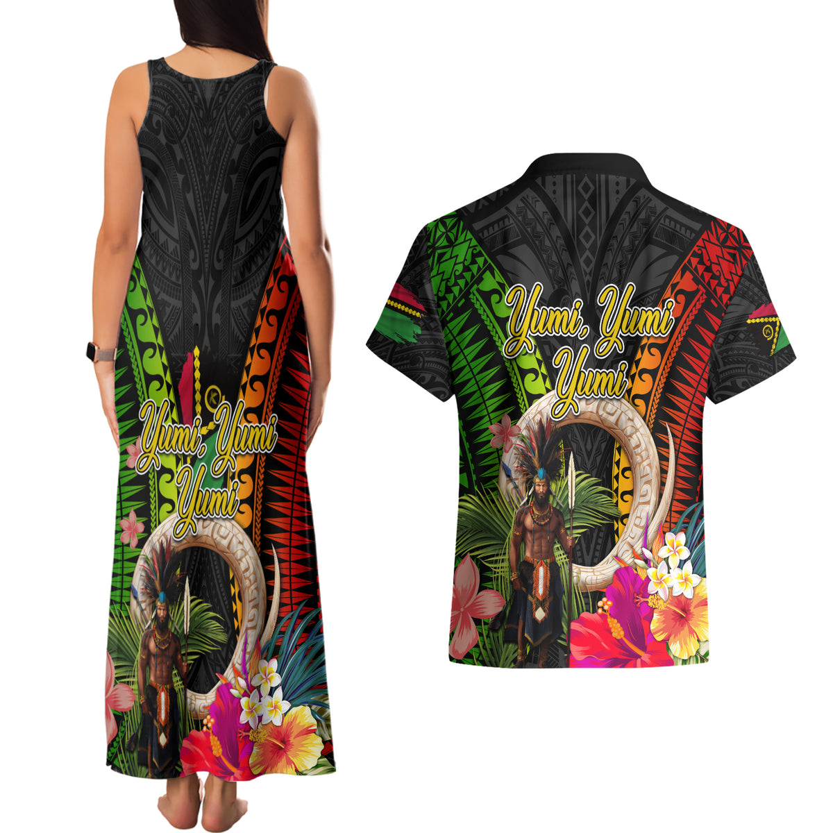 Vanuatu Independence Day Couples Matching Tank Maxi Dress and Hawaiian Shirt Boars Tusk and Melanesian Warrior Indipendens Dei LT03 - Polynesian Pride
