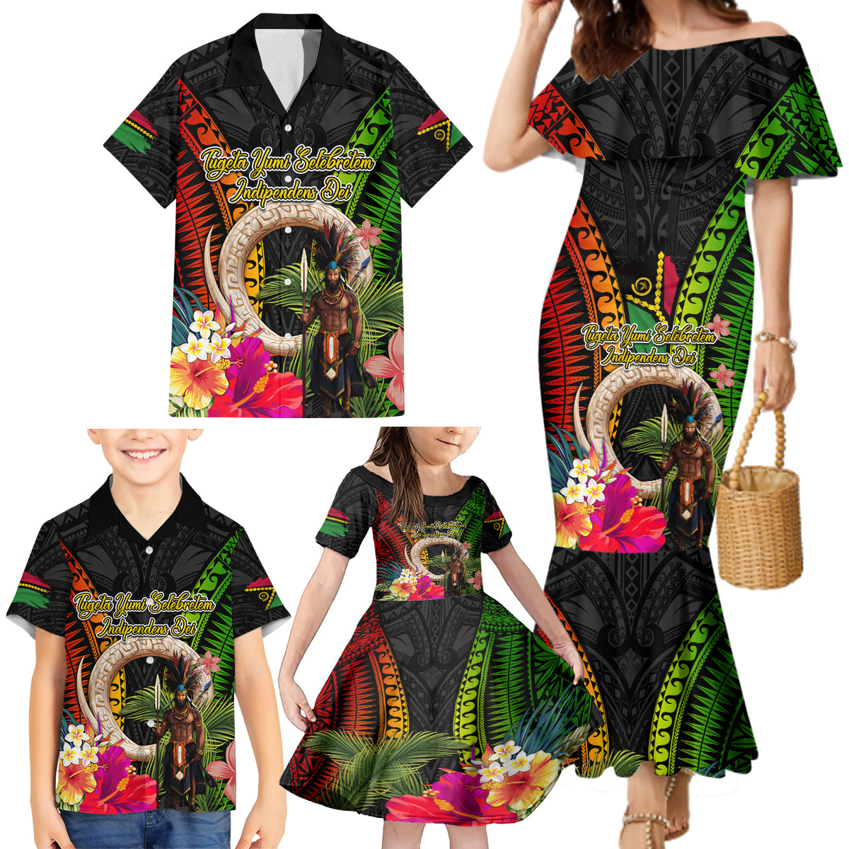 Vanuatu Independence Day Family Matching Mermaid Dress and Hawaiian Shirt Boars Tusk and Melanesian Warrior Indipendens Dei