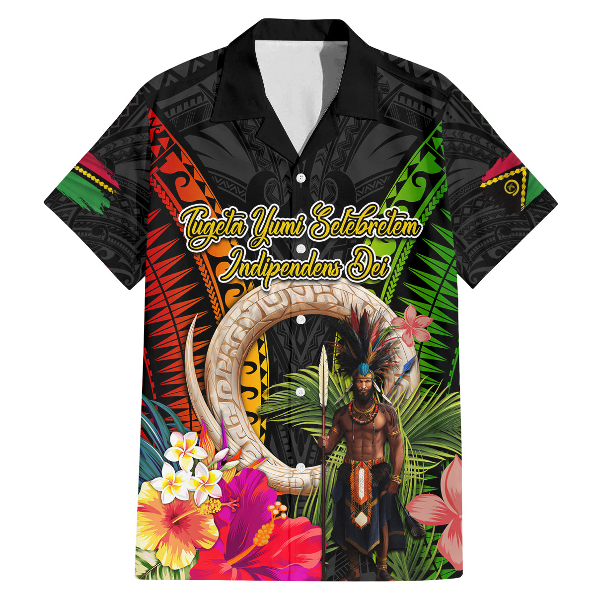 Vanuatu Independence Day Family Matching Mermaid Dress and Hawaiian Shirt Boars Tusk and Melanesian Warrior Indipendens Dei LT03 Dad's Shirt - Short Sleeve Black - Polynesian Pride