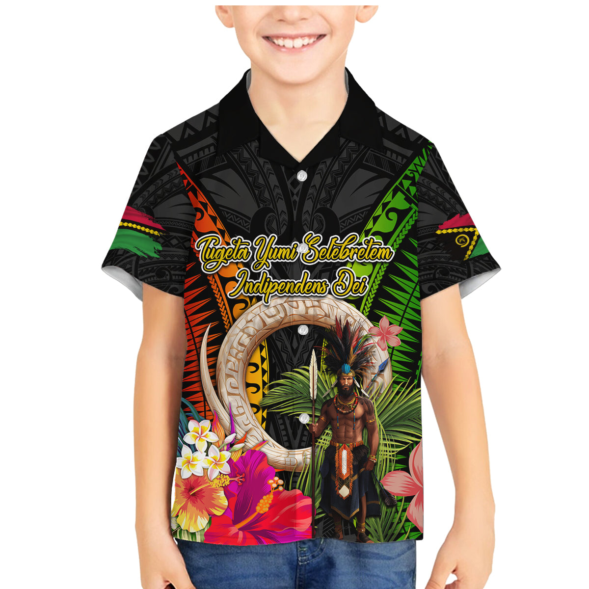 Vanuatu Independence Day Family Matching Mermaid Dress and Hawaiian Shirt Boars Tusk and Melanesian Warrior Indipendens Dei LT03 Son's Shirt Black - Polynesian Pride