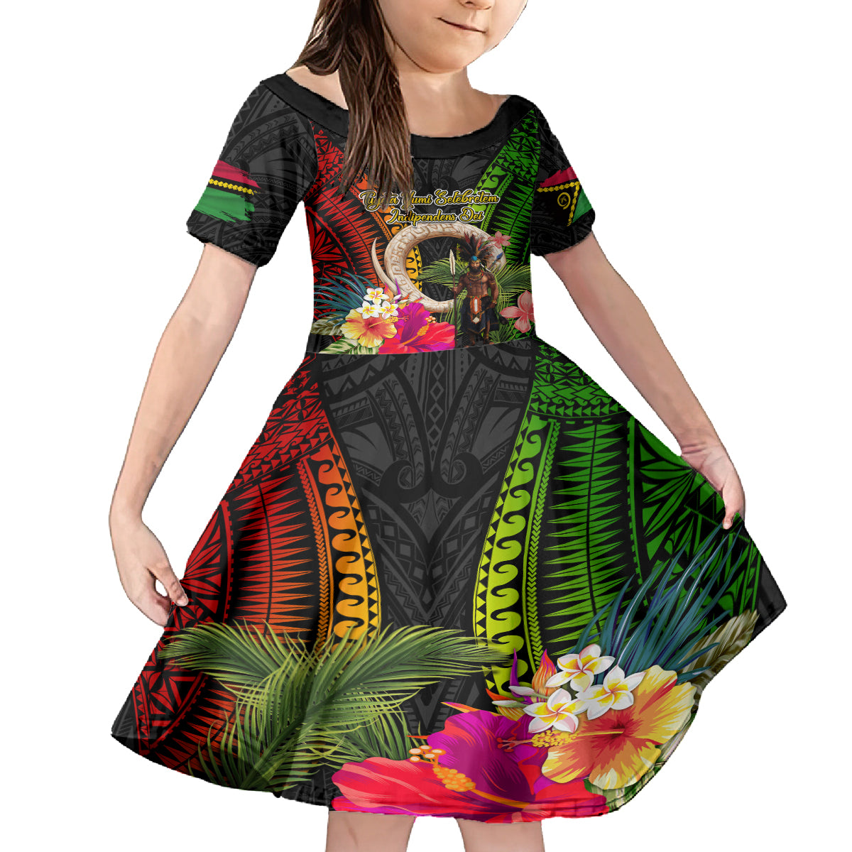 Vanuatu Independence Day Family Matching Off Shoulder Short Dress and Hawaiian Shirt Boars Tusk and Melanesian Warrior Indipendens Dei LT03 Daughter's Dress Black - Polynesian Pride