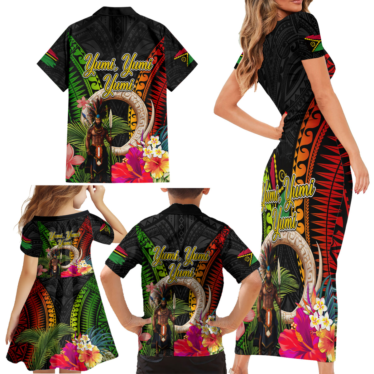 Vanuatu Independence Day Family Matching Short Sleeve Bodycon Dress and Hawaiian Shirt Boars Tusk and Melanesian Warrior Indipendens Dei LT03 - Polynesian Pride