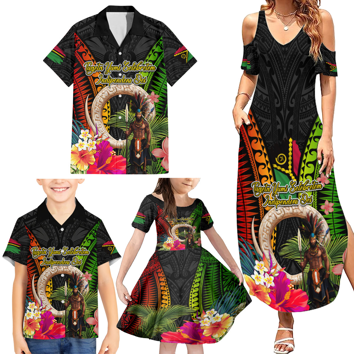 Vanuatu Independence Day Family Matching Summer Maxi Dress and Hawaiian Shirt Boars Tusk and Melanesian Warrior Indipendens Dei LT03 - Polynesian Pride