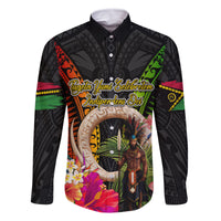 Vanuatu Independence Day Family Matching Summer Maxi Dress and Hawaiian Shirt Boars Tusk and Melanesian Warrior Indipendens Dei LT03 Dad's Shirt - Long Sleeve Black - Polynesian Pride