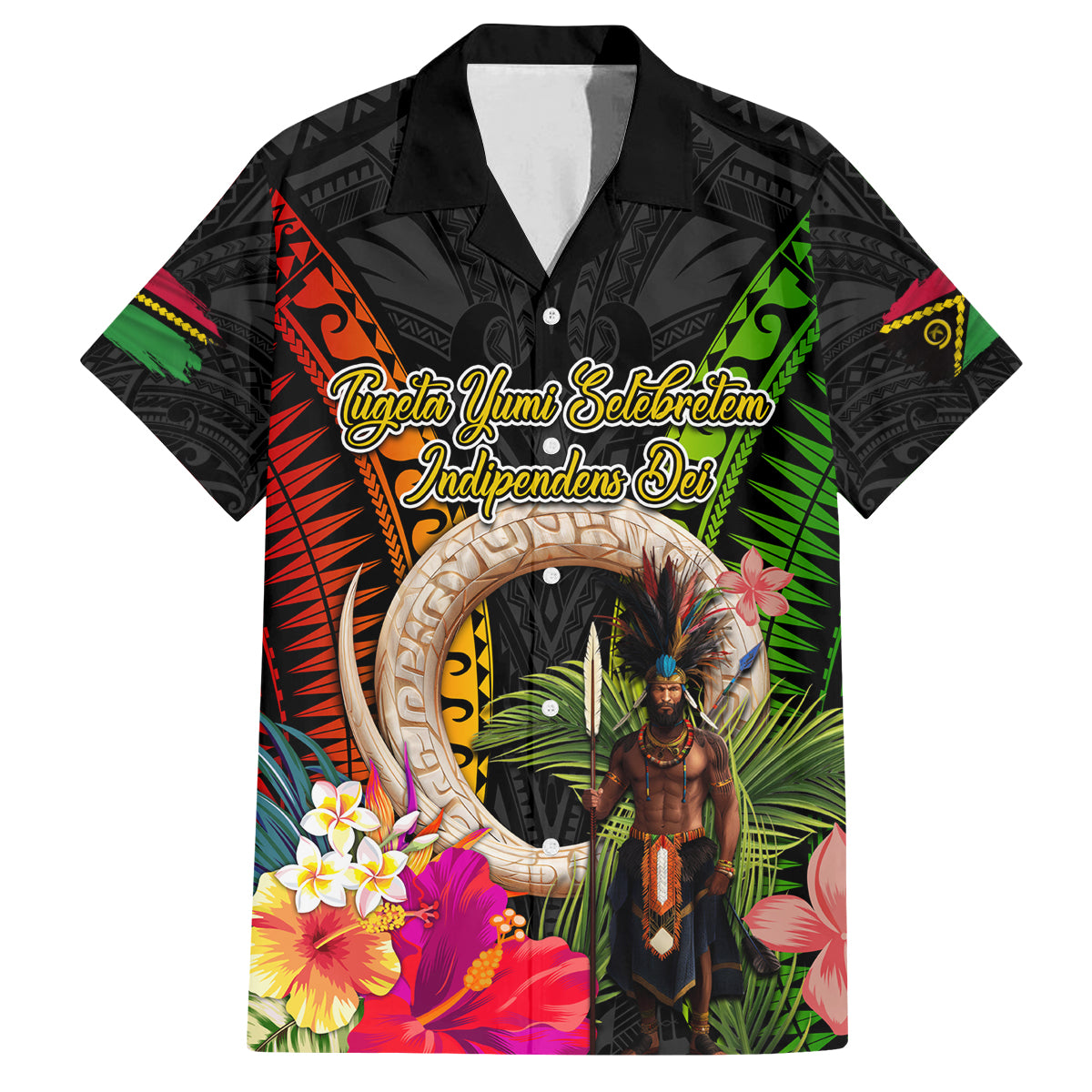 Vanuatu Independence Day Family Matching Tank Maxi Dress and Hawaiian Shirt Boars Tusk and Melanesian Warrior Indipendens Dei LT03 Dad's Shirt - Short Sleeve Black - Polynesian Pride