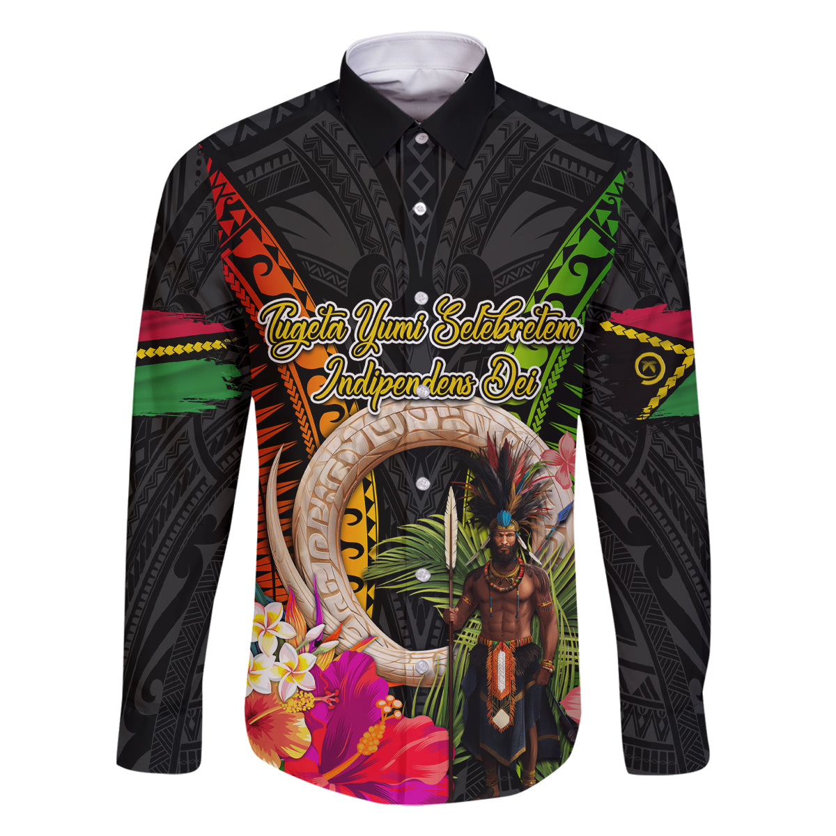 Vanuatu Independence Day Family Matching Tank Maxi Dress and Hawaiian Shirt Boars Tusk and Melanesian Warrior Indipendens Dei LT03 Dad's Shirt - Long Sleeve Black - Polynesian Pride