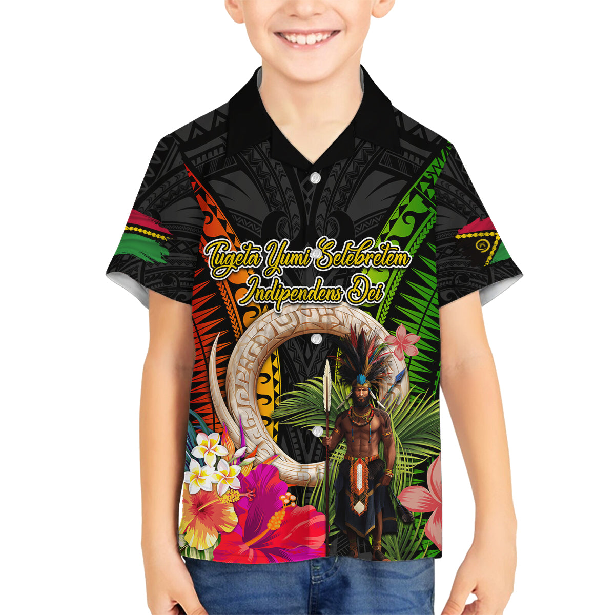 Vanuatu Independence Day Family Matching Tank Maxi Dress and Hawaiian Shirt Boars Tusk and Melanesian Warrior Indipendens Dei LT03 Son's Shirt Black - Polynesian Pride