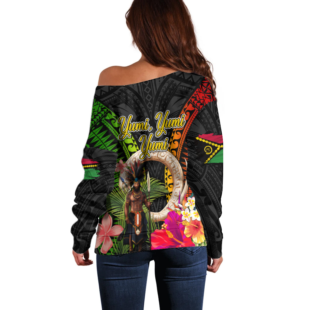 Vanuatu Independence Day Off Shoulder Sweater Boars Tusk and Melanesian Warrior Indipendens Dei