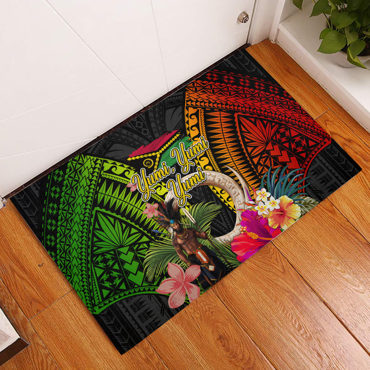 Vanuatu Independence Day Rubber Doormat Boars Tusk and Melanesian Warrior Indipendens Dei LT03 Black - Polynesian Pride