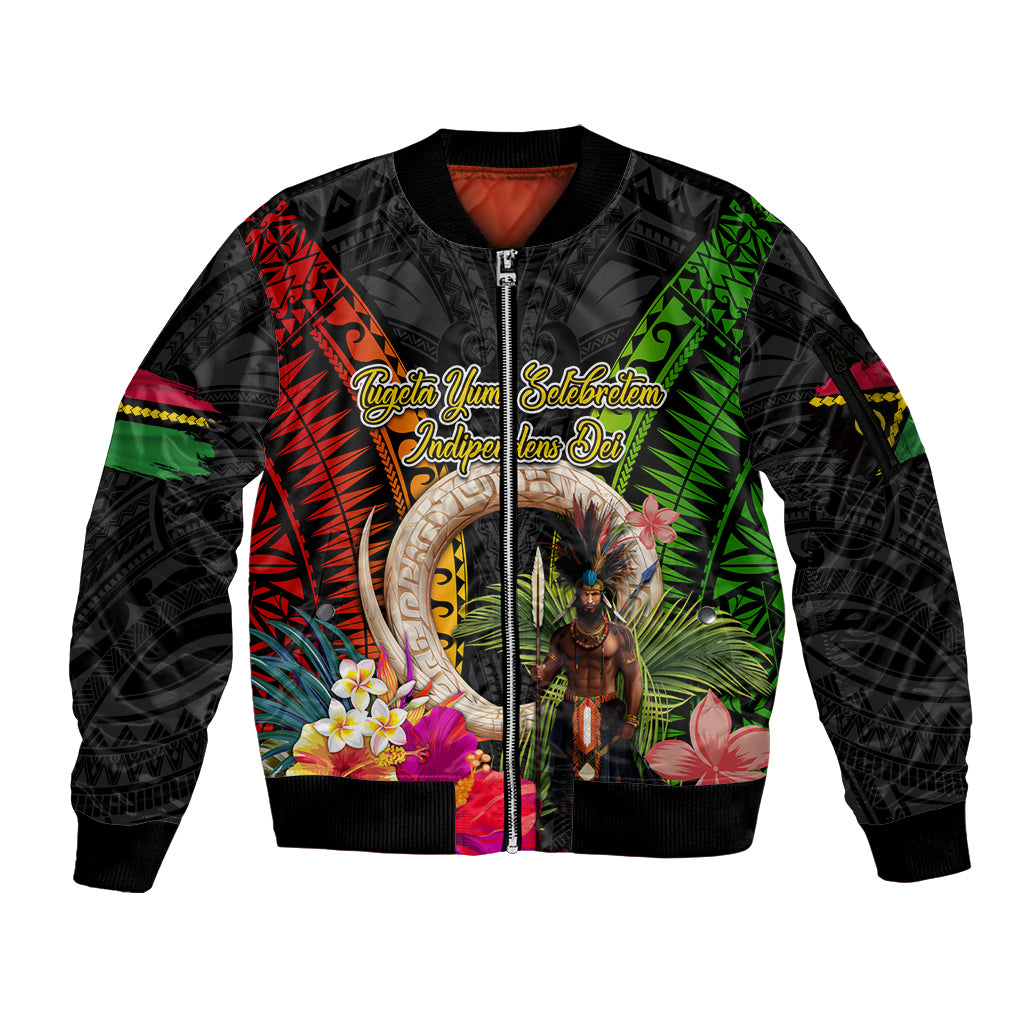 Vanuatu Independence Day Sleeve Zip Bomber Jacket Boars Tusk and Melanesian Warrior Indipendens Dei