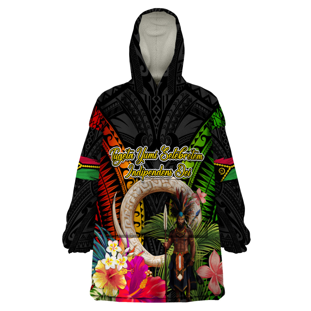 Vanuatu Independence Day Wearable Blanket Hoodie Boars Tusk and Melanesian Warrior Indipendens Dei LT03 One Size Black - Polynesian Pride