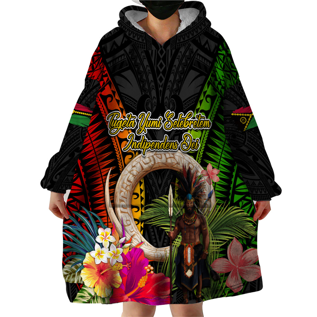 Vanuatu Independence Day Wearable Blanket Hoodie Boars Tusk and Melanesian Warrior Indipendens Dei LT03 - Polynesian Pride