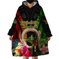 Vanuatu Independence Day Wearable Blanket Hoodie Boars Tusk and Melanesian Warrior Indipendens Dei LT03 - Polynesian Pride