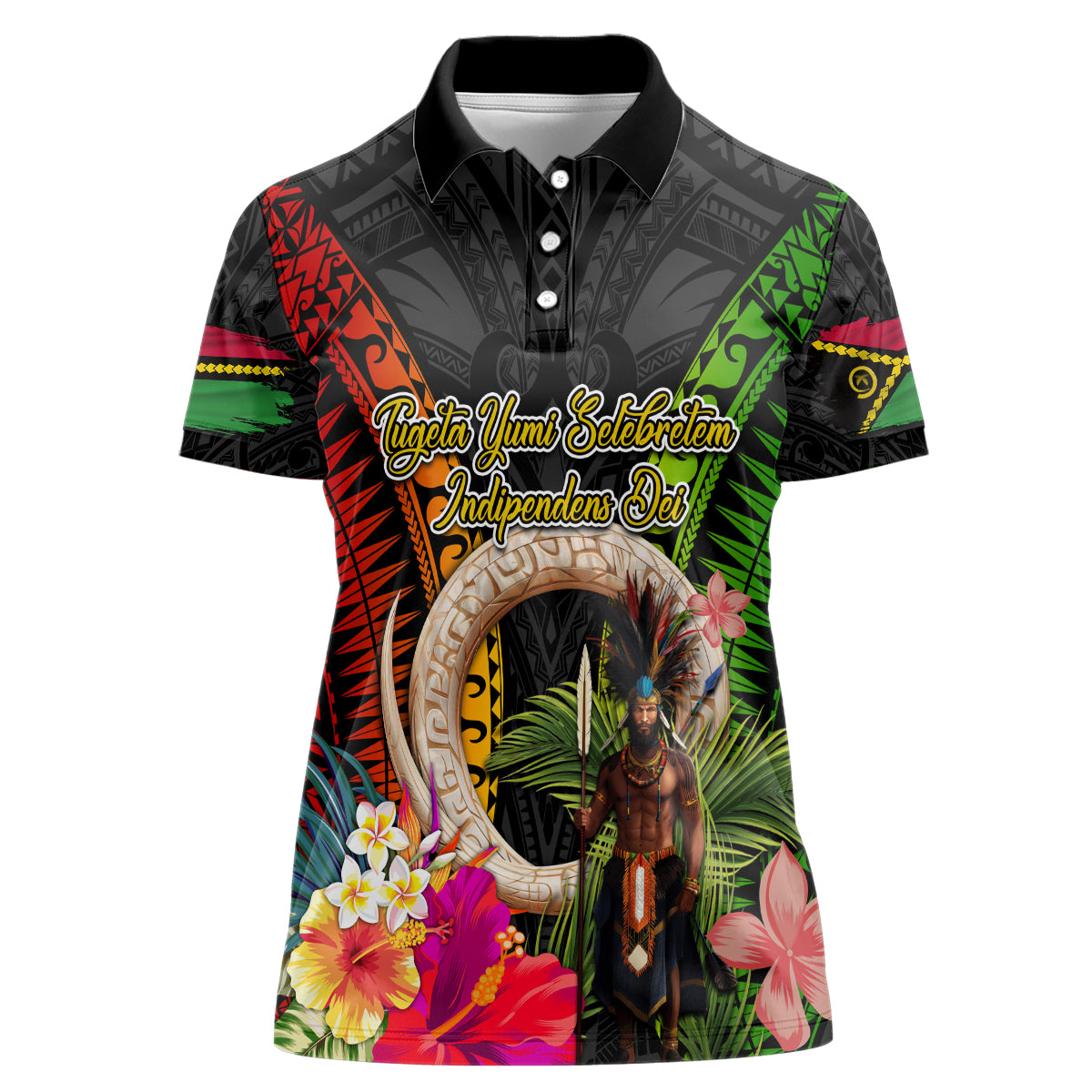 Vanuatu Independence Day Women Polo Shirt Boars Tusk and Melanesian Warrior Indipendens Dei