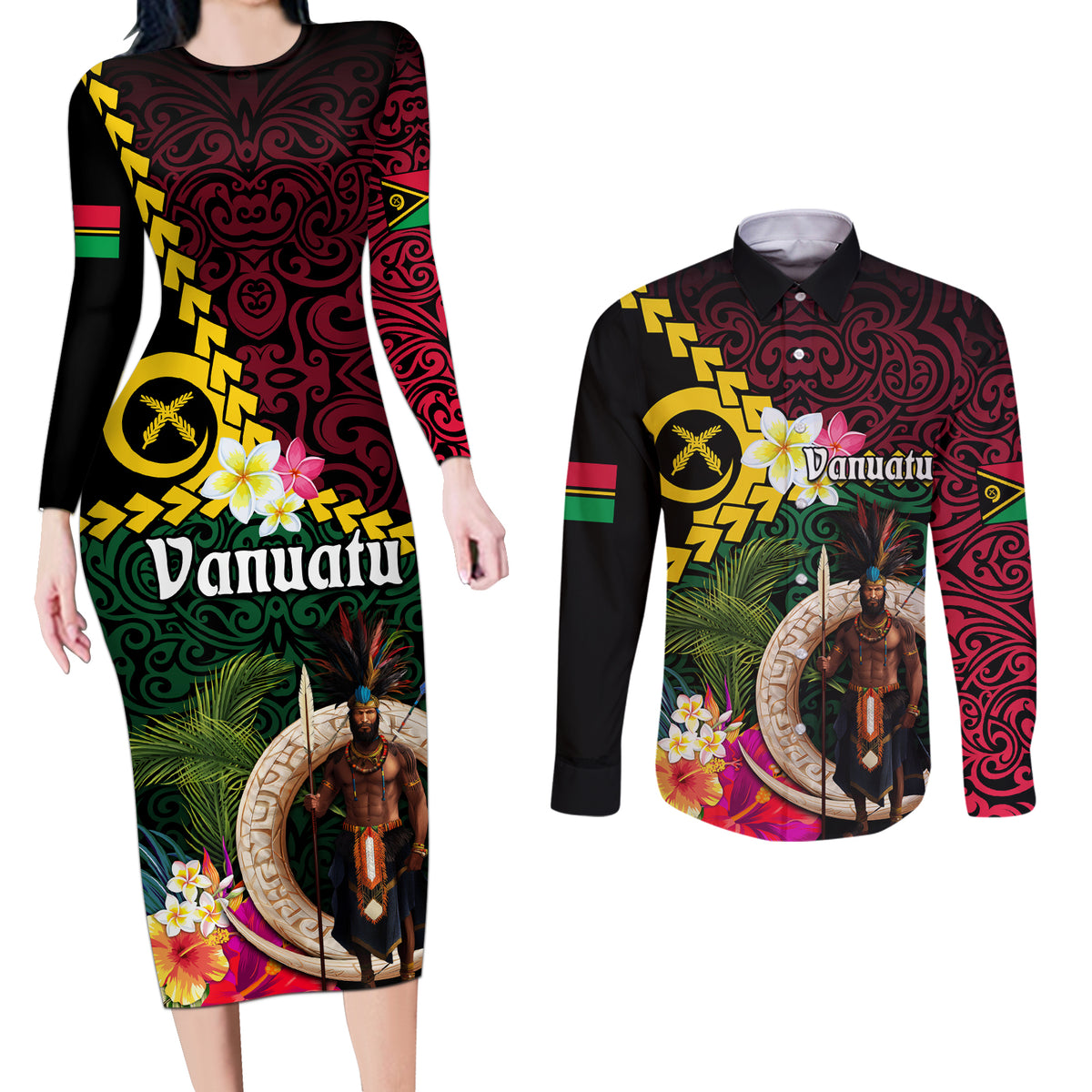 Vanuatu Indipendens Dei Couples Matching Long Sleeve Bodycon Dress and Long Sleeve Button Shirt Boars Tusk and Melanesian Warrior Hibiscus LT03 Black - Polynesian Pride