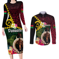 Vanuatu Indipendens Dei Couples Matching Long Sleeve Bodycon Dress and Long Sleeve Button Shirt Boars Tusk and Melanesian Warrior Hibiscus LT03 Black - Polynesian Pride