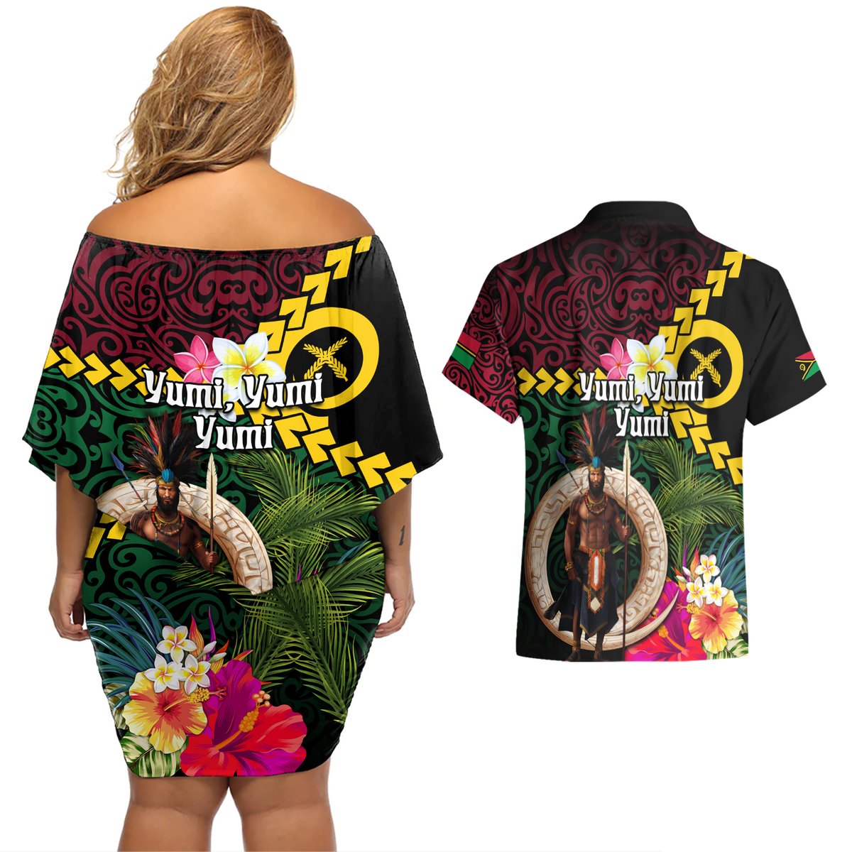 Vanuatu Indipendens Dei Couples Matching Off Shoulder Short Dress and Hawaiian Shirt Boars Tusk and Melanesian Warrior Hibiscus LT03 - Polynesian Pride