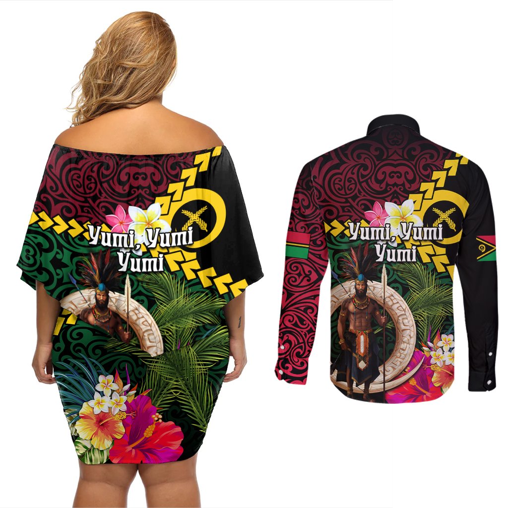 Vanuatu Indipendens Dei Couples Matching Off Shoulder Short Dress and Long Sleeve Button Shirt Boars Tusk and Melanesian Warrior Hibiscus LT03 - Polynesian Pride