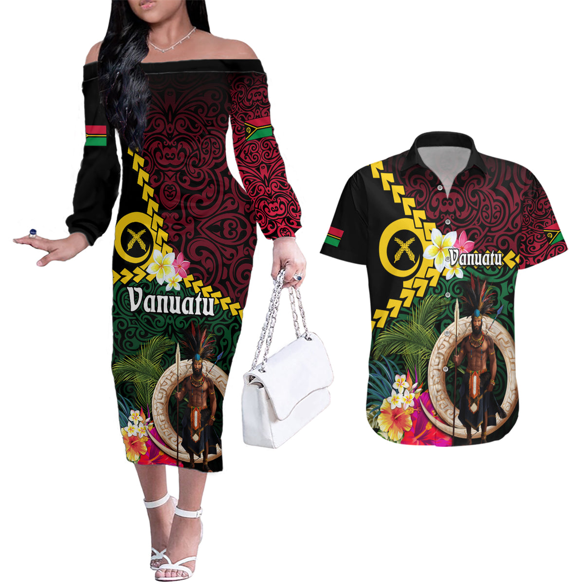 Vanuatu Indipendens Dei Couples Matching Off The Shoulder Long Sleeve Dress and Hawaiian Shirt Boars Tusk and Melanesian Warrior Hibiscus