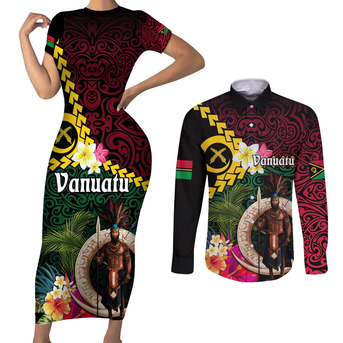 Vanuatu Indipendens Dei Couples Matching Short Sleeve Bodycon Dress and Long Sleeve Button Shirt Boars Tusk and Melanesian Warrior Hibiscus LT03 Black - Polynesian Pride