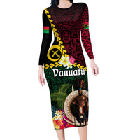 Vanuatu Indipendens Dei Family Matching Long Sleeve Bodycon Dress and Hawaiian Shirt Boars Tusk and Melanesian Warrior Hibiscus LT03 Mom's Dress Black - Polynesian Pride