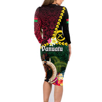 Vanuatu Indipendens Dei Family Matching Long Sleeve Bodycon Dress and Hawaiian Shirt Boars Tusk and Melanesian Warrior Hibiscus LT03 - Polynesian Pride