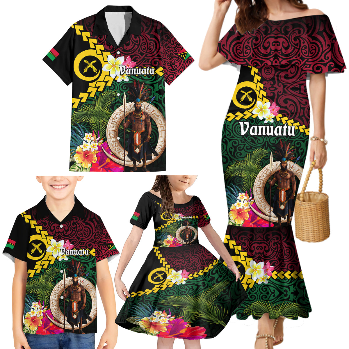 Vanuatu Indipendens Dei Family Matching Mermaid Dress and Hawaiian Shirt Boars Tusk and Melanesian Warrior Hibiscus LT03 - Polynesian Pride