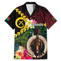 Vanuatu Indipendens Dei Family Matching Mermaid Dress and Hawaiian Shirt Boars Tusk and Melanesian Warrior Hibiscus LT03 Dad's Shirt - Short Sleeve Black - Polynesian Pride