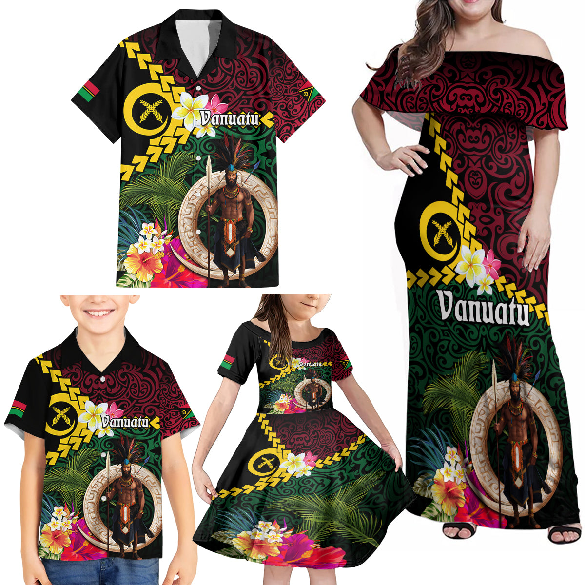 Vanuatu Indipendens Dei Family Matching Off Shoulder Maxi Dress and Hawaiian Shirt Boars Tusk and Melanesian Warrior Hibiscus LT03 - Polynesian Pride