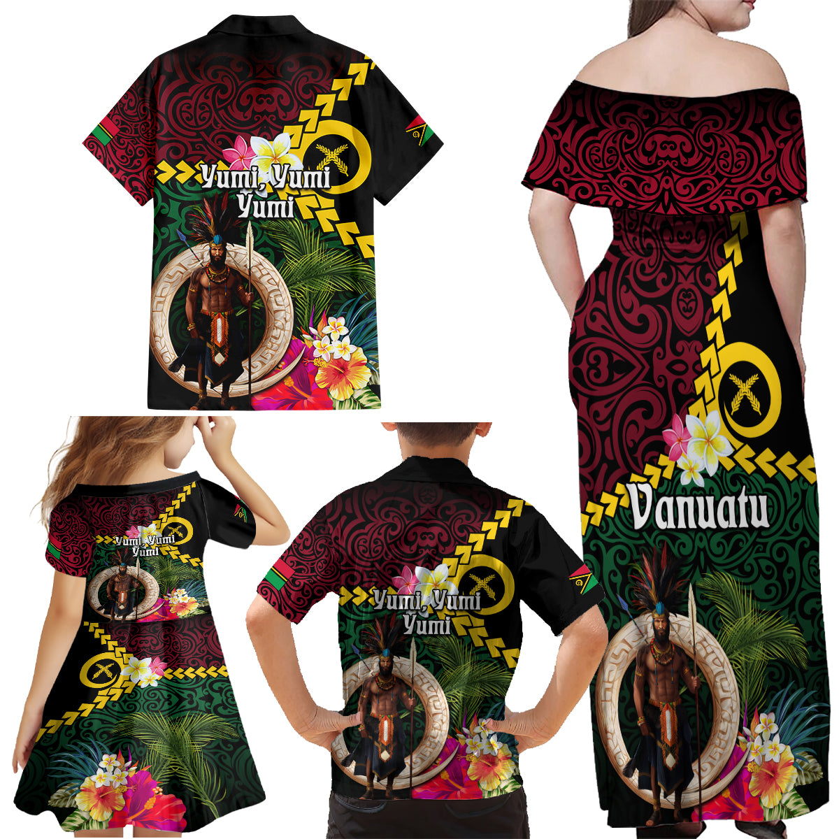 Vanuatu Indipendens Dei Family Matching Off Shoulder Maxi Dress and Hawaiian Shirt Boars Tusk and Melanesian Warrior Hibiscus LT03 - Polynesian Pride