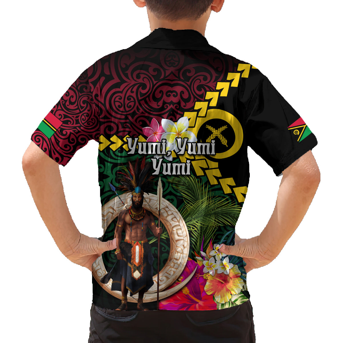 Vanuatu Indipendens Dei Family Matching Off Shoulder Short Dress and Hawaiian Shirt Boars Tusk and Melanesian Warrior Hibiscus LT03 - Polynesian Pride