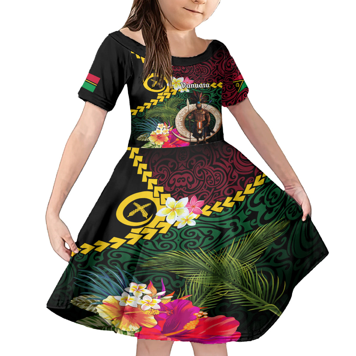 Vanuatu Indipendens Dei Family Matching Off Shoulder Short Dress and Hawaiian Shirt Boars Tusk and Melanesian Warrior Hibiscus LT03 Daughter's Dress Black - Polynesian Pride