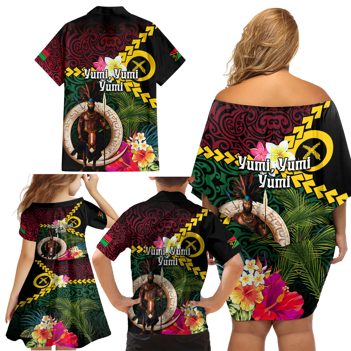 Vanuatu Indipendens Dei Family Matching Off Shoulder Short Dress and Hawaiian Shirt Boars Tusk and Melanesian Warrior Hibiscus LT03 - Polynesian Pride