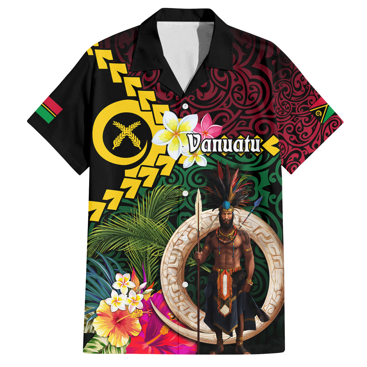 Vanuatu Indipendens Dei Family Matching Off Shoulder Short Dress and Hawaiian Shirt Boars Tusk and Melanesian Warrior Hibiscus LT03 Dad's Shirt - Short Sleeve Black - Polynesian Pride