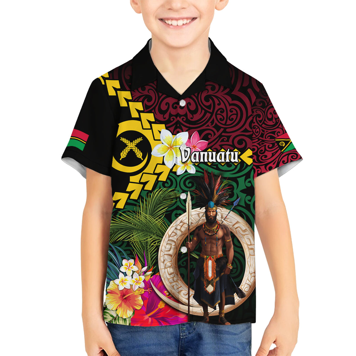 Vanuatu Indipendens Dei Family Matching Off Shoulder Short Dress and Hawaiian Shirt Boars Tusk and Melanesian Warrior Hibiscus LT03 Son's Shirt Black - Polynesian Pride