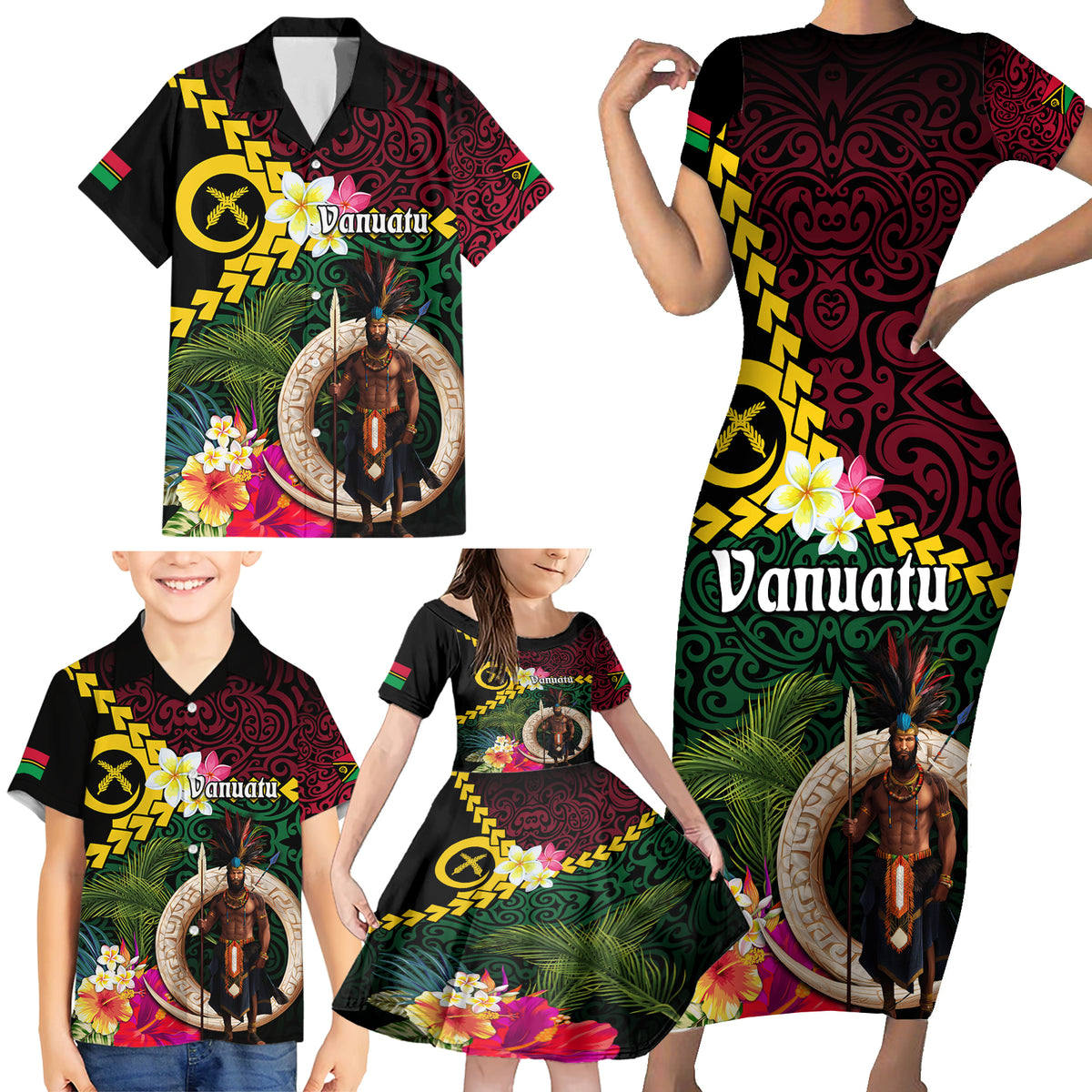 Vanuatu Indipendens Dei Family Matching Short Sleeve Bodycon Dress and Hawaiian Shirt Boars Tusk and Melanesian Warrior Hibiscus LT03 - Polynesian Pride