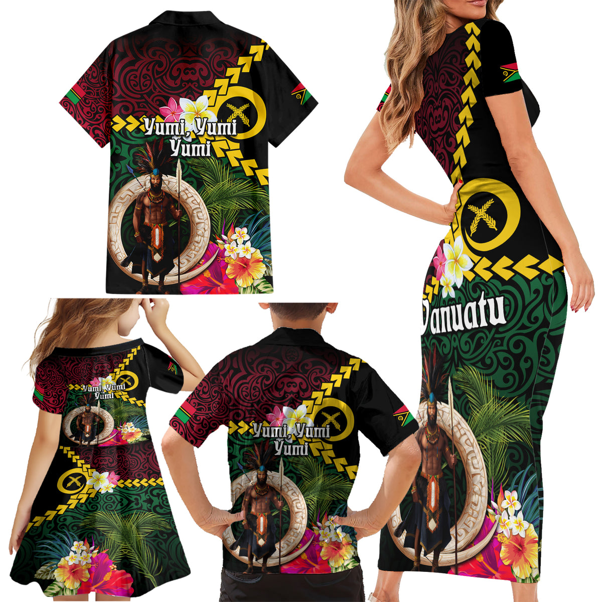 Vanuatu Indipendens Dei Family Matching Short Sleeve Bodycon Dress and Hawaiian Shirt Boars Tusk and Melanesian Warrior Hibiscus LT03 - Polynesian Pride