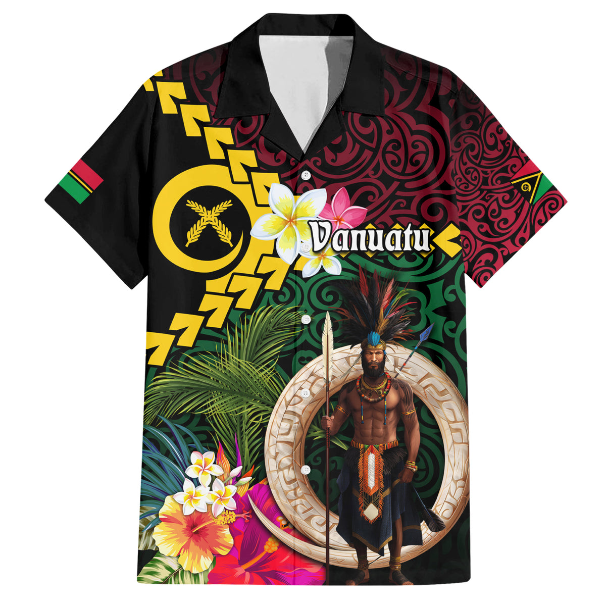 Vanuatu Indipendens Dei Family Matching Short Sleeve Bodycon Dress and Hawaiian Shirt Boars Tusk and Melanesian Warrior Hibiscus LT03 Dad's Shirt - Short Sleeve Black - Polynesian Pride