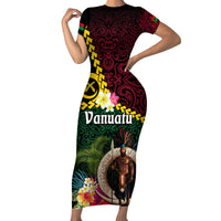 Vanuatu Indipendens Dei Family Matching Short Sleeve Bodycon Dress and Hawaiian Shirt Boars Tusk and Melanesian Warrior Hibiscus LT03 Mom's Dress Black - Polynesian Pride