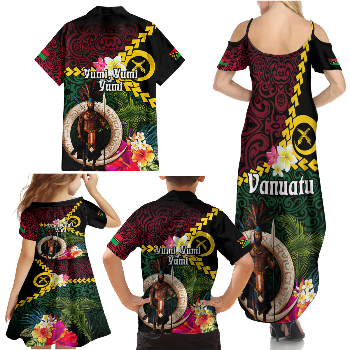 Vanuatu Indipendens Dei Family Matching Summer Maxi Dress and Hawaiian Shirt Boars Tusk and Melanesian Warrior Hibiscus LT03 - Polynesian Pride