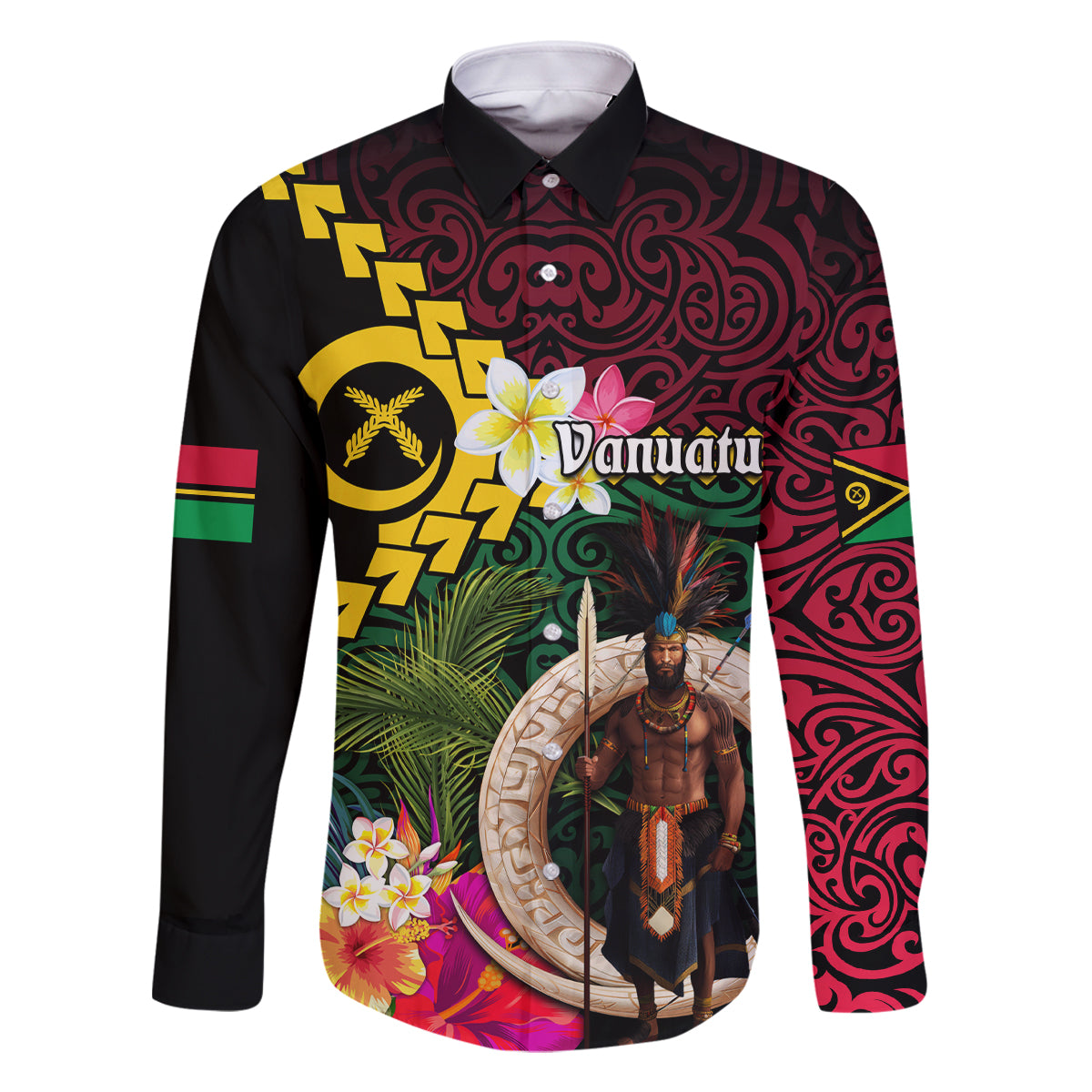 Vanuatu Indipendens Dei Family Matching Summer Maxi Dress and Hawaiian Shirt Boars Tusk and Melanesian Warrior Hibiscus LT03 Dad's Shirt - Long Sleeve Black - Polynesian Pride